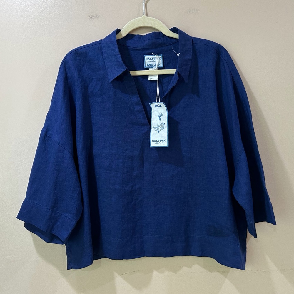 NWT Calypso St. Barth Womens XL Navy Blue Linen Boxy Top Boat Neck 3/4 Sleeve